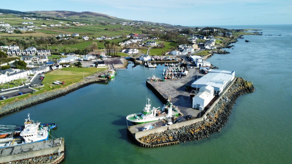 Aerial view of a fishing harbour with trawlers, a seaside village and rolling green hills along the coast