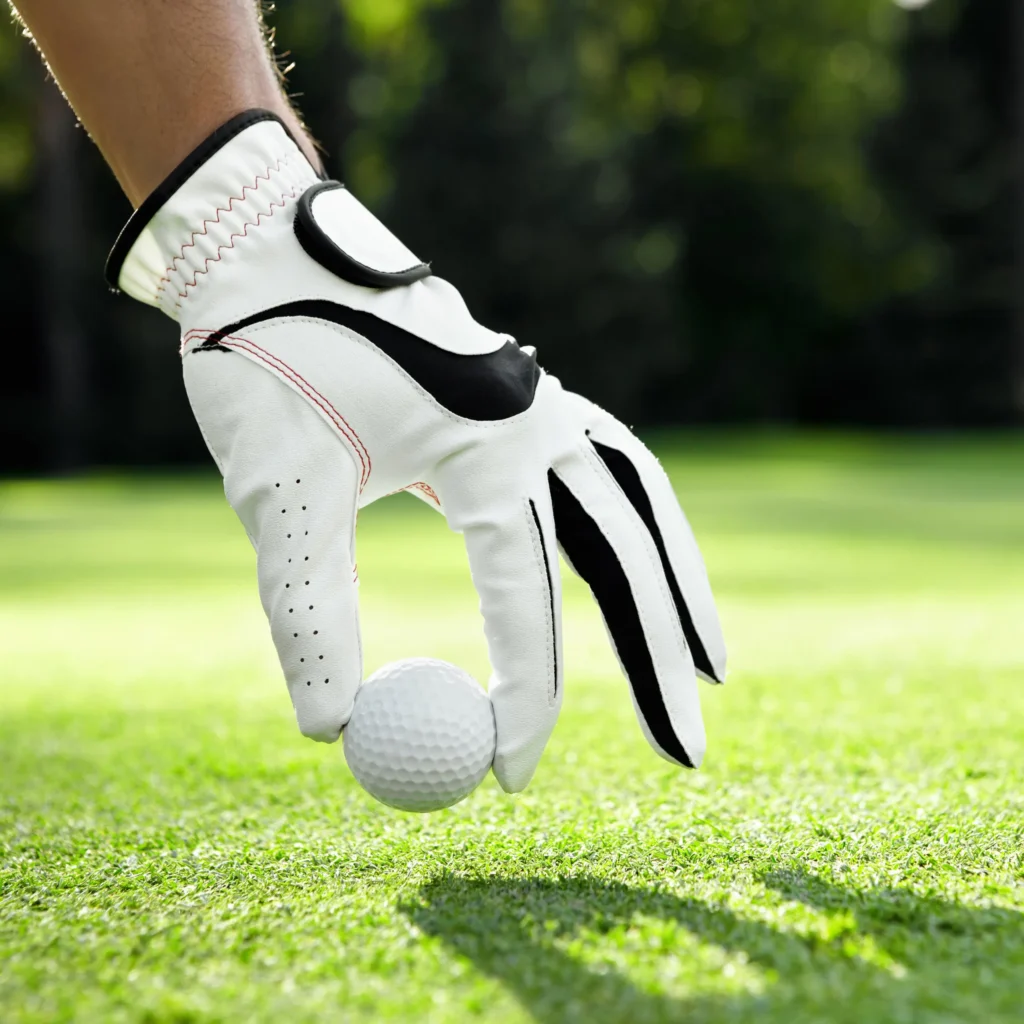 White golf glove placing a golf ball on the putting green in bright sunshine.
