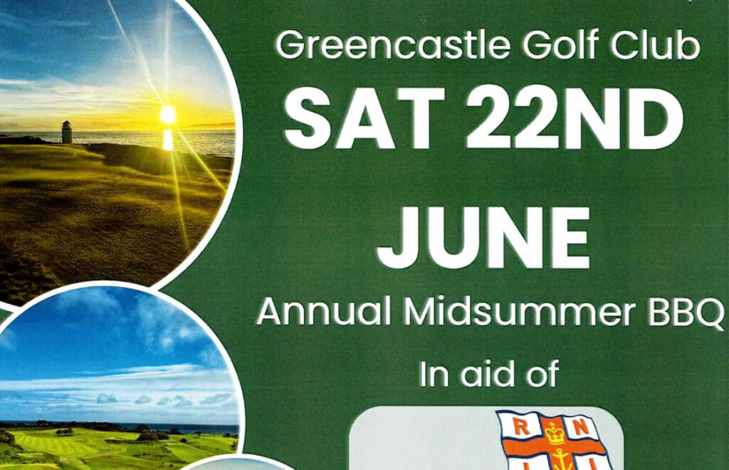 Greencastle Golf Club poster: Sat 22nd June, Annual Midsummer BBQ fundraiser, with seaside golf photos.