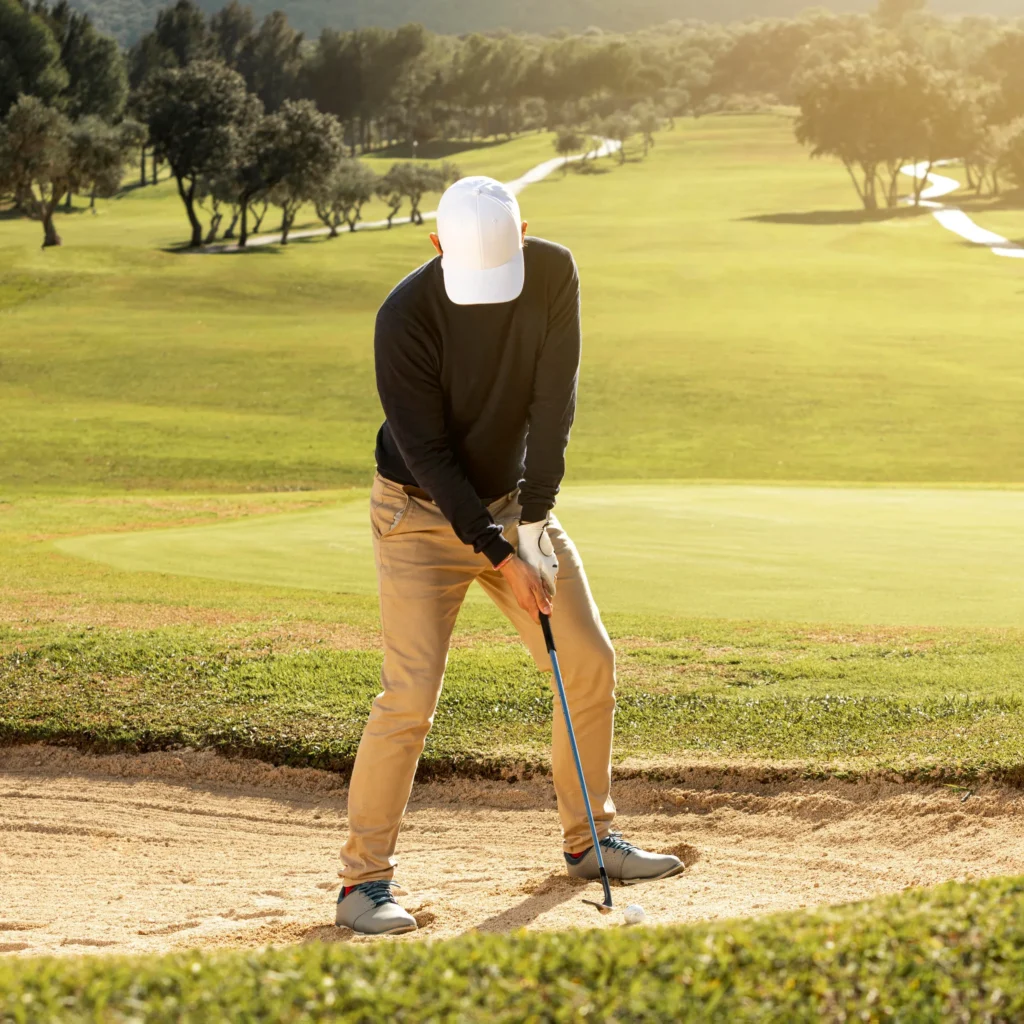 Golfer setting up a bunker shot on a sunny parkland course