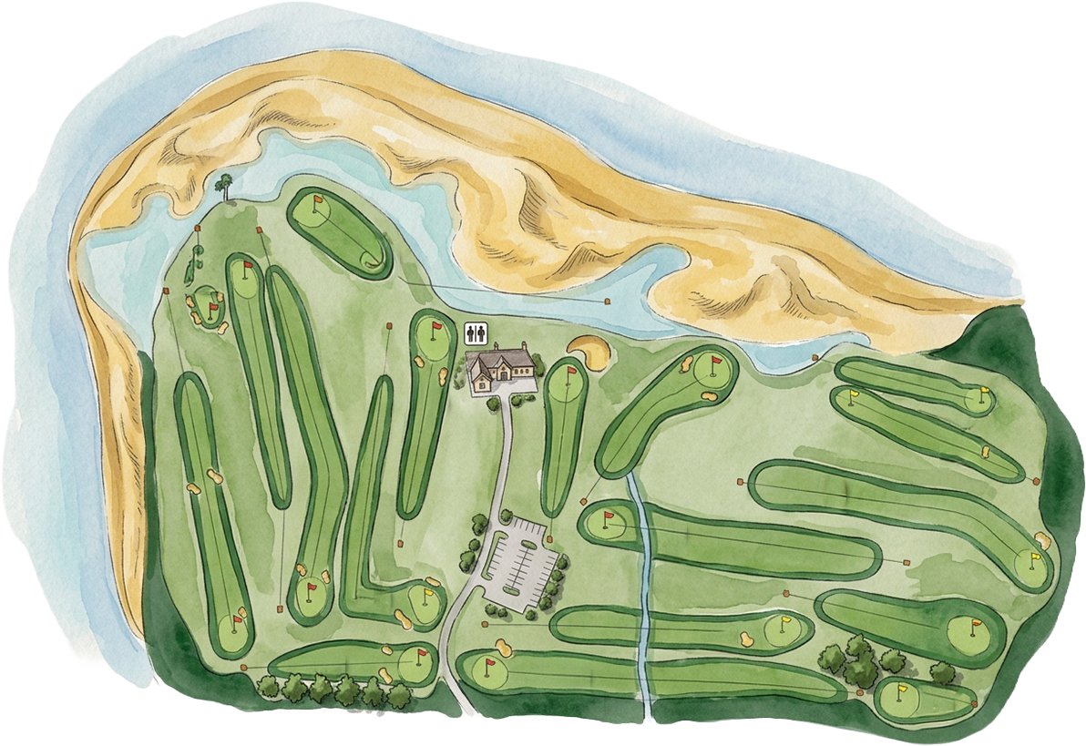 Illustrated golf course map with green fairways, sand dunes, and clubhouse by the coastline.