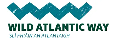 Wild Atlantic Way logo with teal zigzag wave and Irish text Slí Fhiáin an Atlantaigh, Ireland coastal route brand