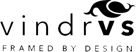 Vindrvs logo with modern font and abstract whale design, featuring the tagline Framed by Design.