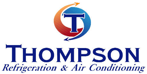 Thompson logo featuring a stylized T with blue and red arrows and text for refrigeration and air conditioning services.