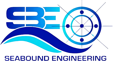 Seabound Engineering logo featuring stylised waves and a nautical wheel in shades of blue.