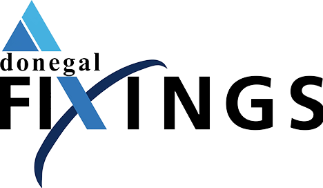 Donegal Fixings logo with blue geometric design and bold lettering.