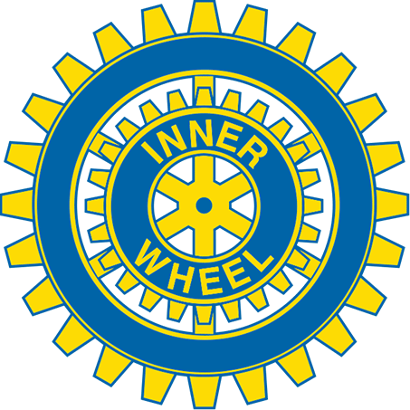 Blue and yellow Inner Wheel logo with overlapping gear designs and bold text in the center.