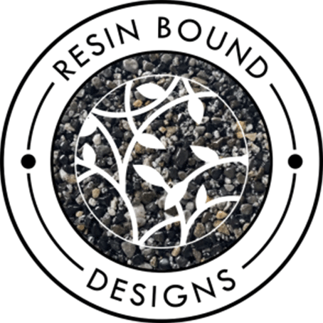 Logo with a circular design featuring leaves on a textured pebble background, surrounded by Resin Bound Designs text.