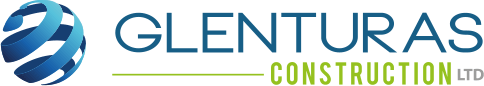 Glenturas Construction logo featuring a stylized blue globe with green and blue text.