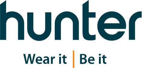 Hunter logo with the slogan Wear it Be it in dark blue text.